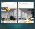 Two sided brochure or flayer template design with blurred black and white photo of buildings. Mock-up cover in black and yellow ab